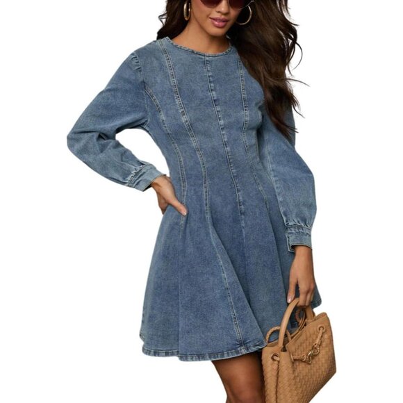 Dresses & Skirts - Women Denim Dress Long Sleeve Slim Fit Mini Ruffle High Waist Casual